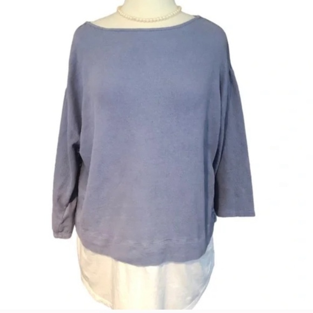 J. Jill Linen Blend Chambray Blue & White Top Petite M Boat Neck 3/4 Sleeve